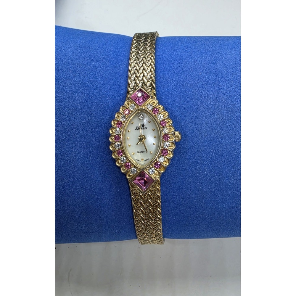 L.A. Express Cocktail Watch With Pink Crystal Rhinestones Goldtone Braided Band